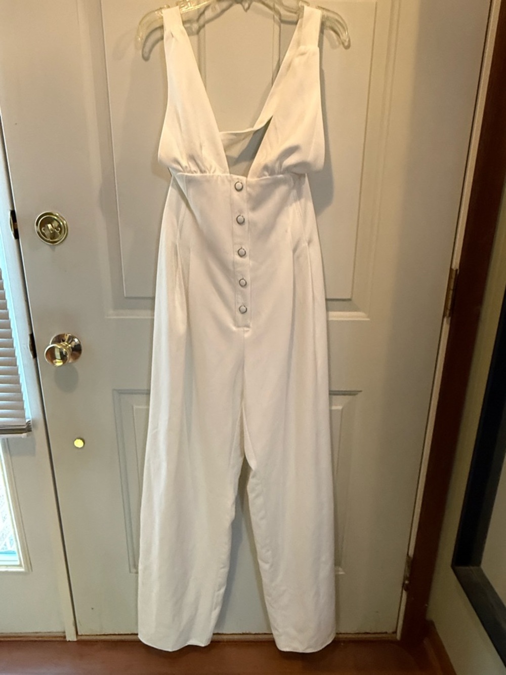 AKIRA White Plunging Button-Front Wide Leg Halter Jumpsuit